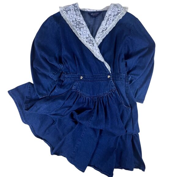 Vintage 80s Denim Prairie Dress Lace Collar M/L Cottagecore Coastal Cowgirl Midi - Picture 3 of 12
